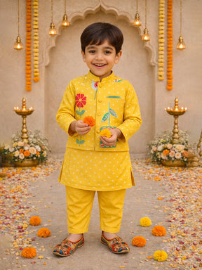 Yellow Bandhani Print Kurta Jacket Set
