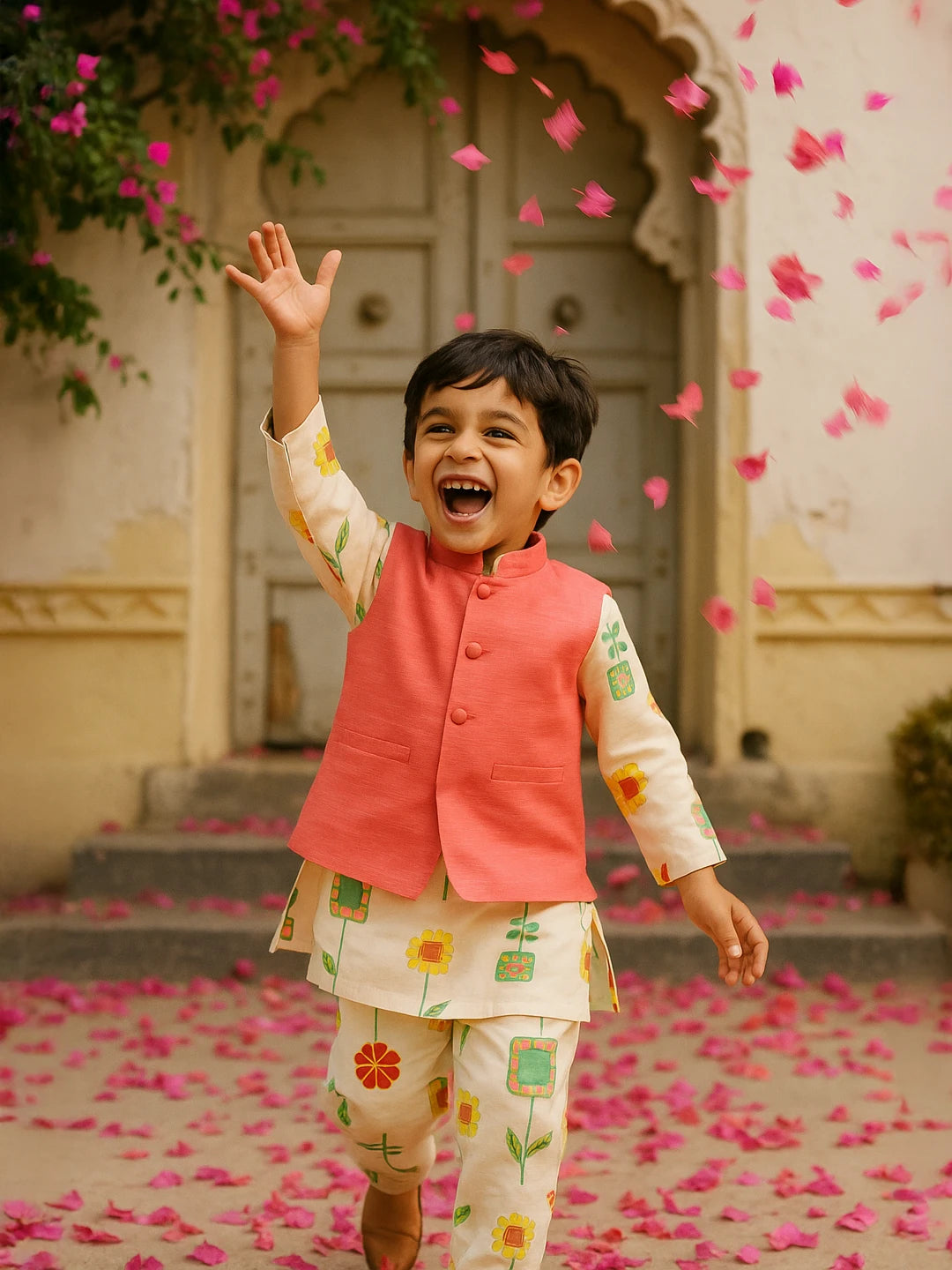 Floral Kurta Set with Pink Nehru Jacket