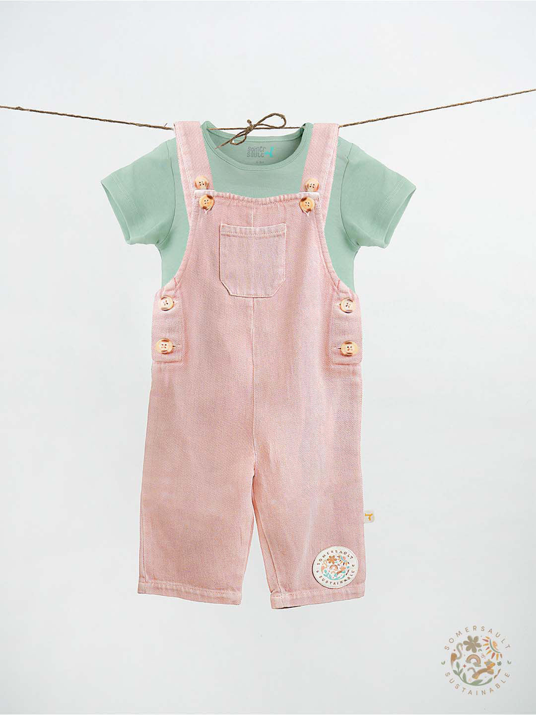 Pink Natural Dungaree With Green Tee Somersault
