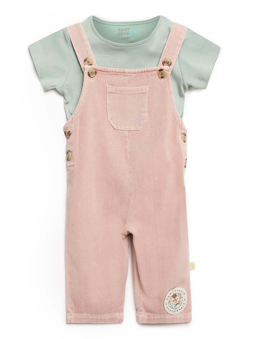Pink Natural Dungaree With Green Tee Somersault