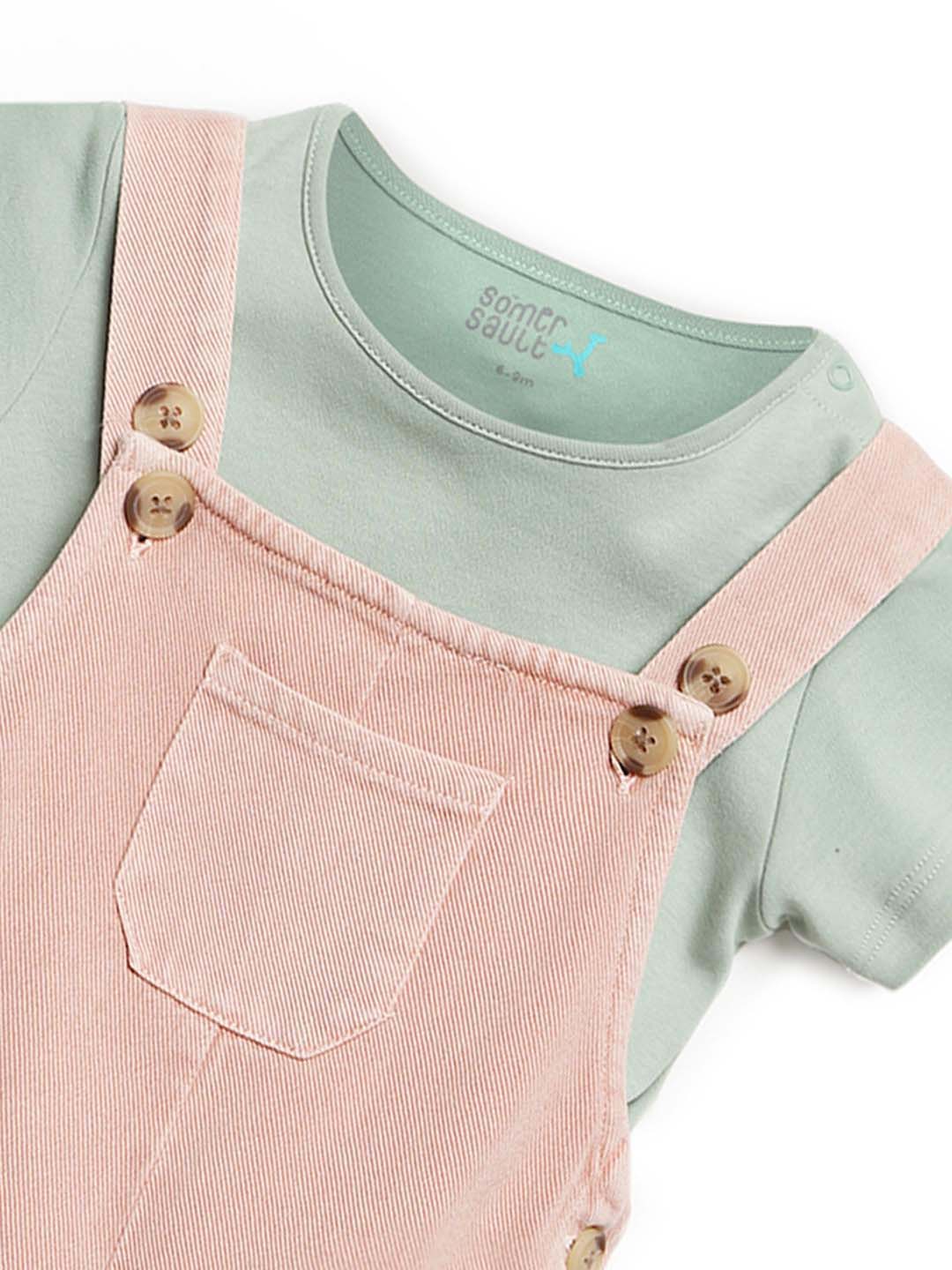 Pink Natural Dungaree With Green Tee Somersault
