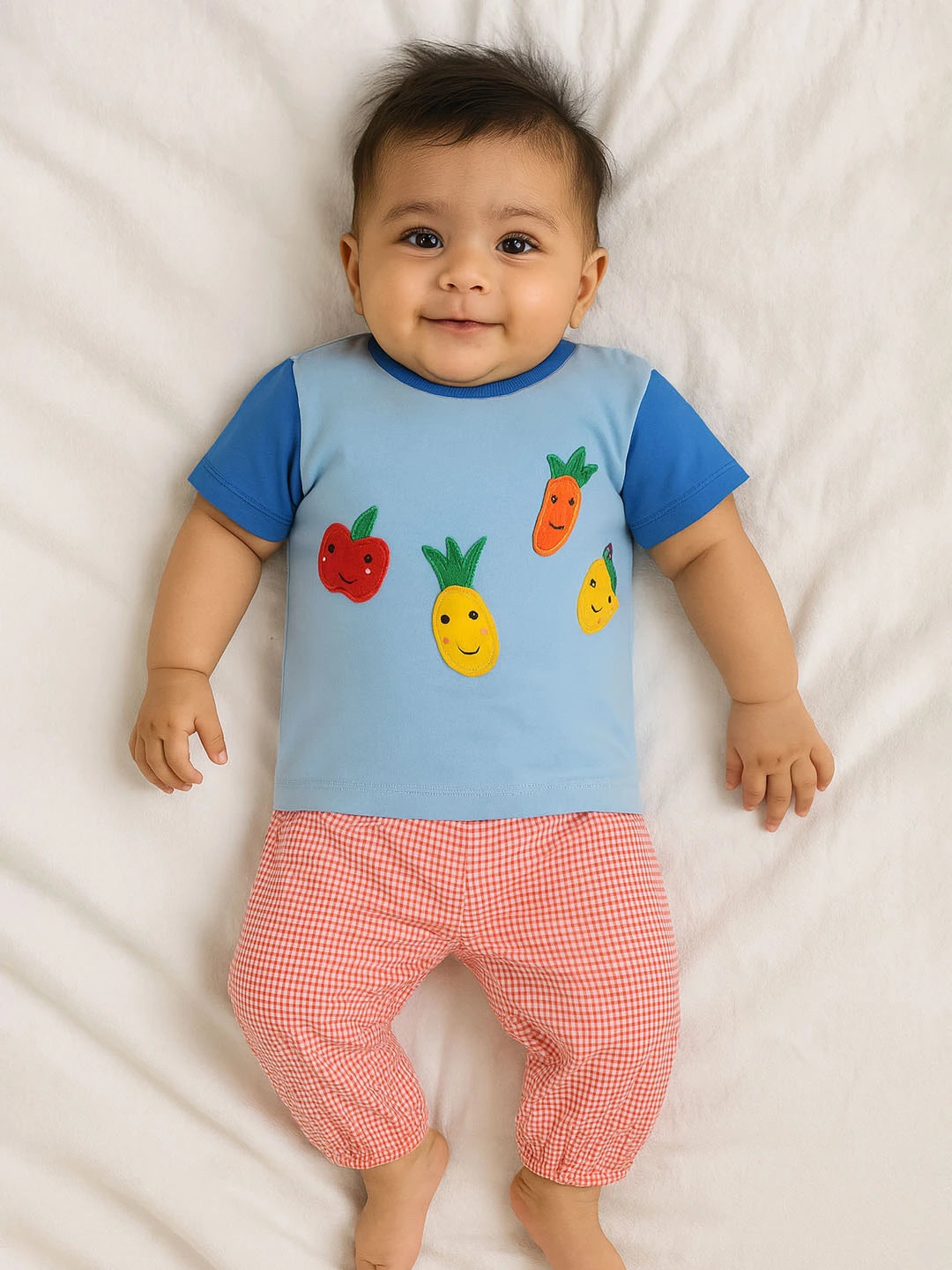 Fruity Embroidered Cotton Tee & Gingham Pants Set