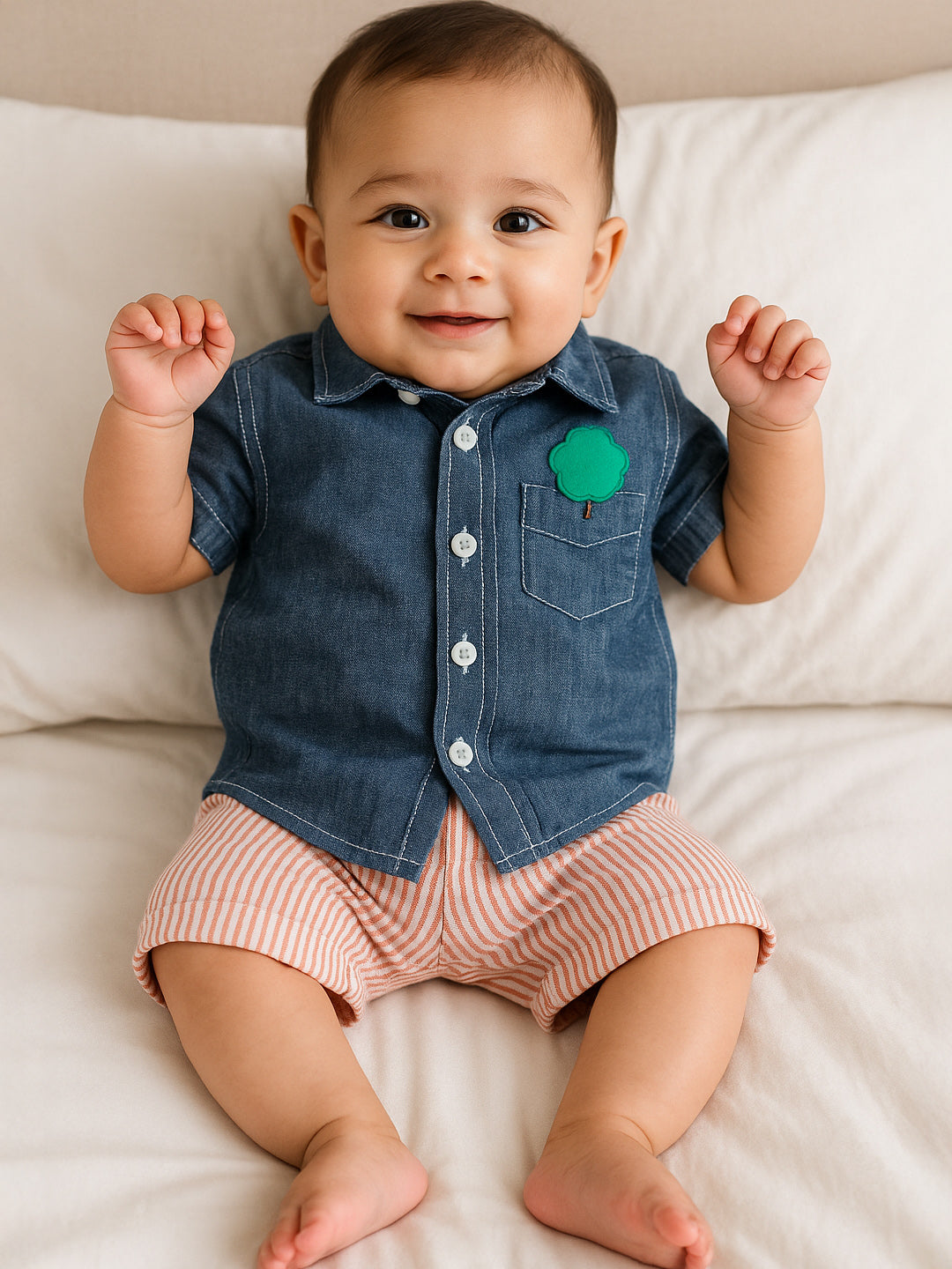 Happy Tree Cotton Shirt & Striped Shorts Set