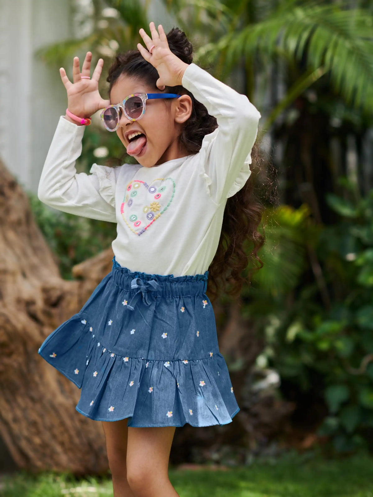 Denim Tier Flower Skirt Somersault