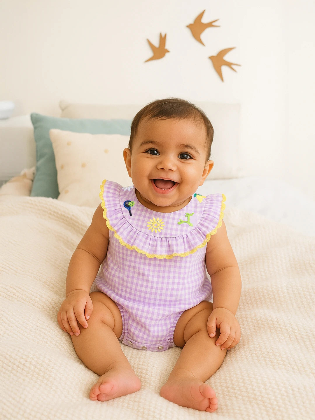 Gingham Embroidered Frill Bodysuit