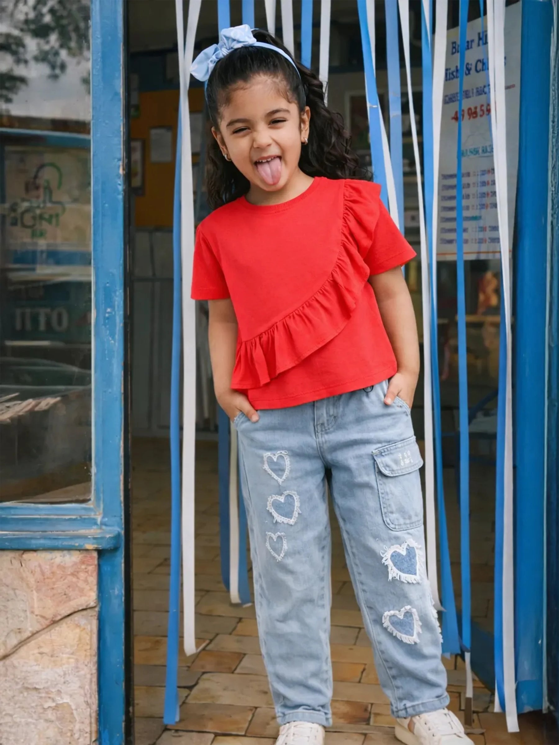 Girls Frill Detail Top & Denim Set