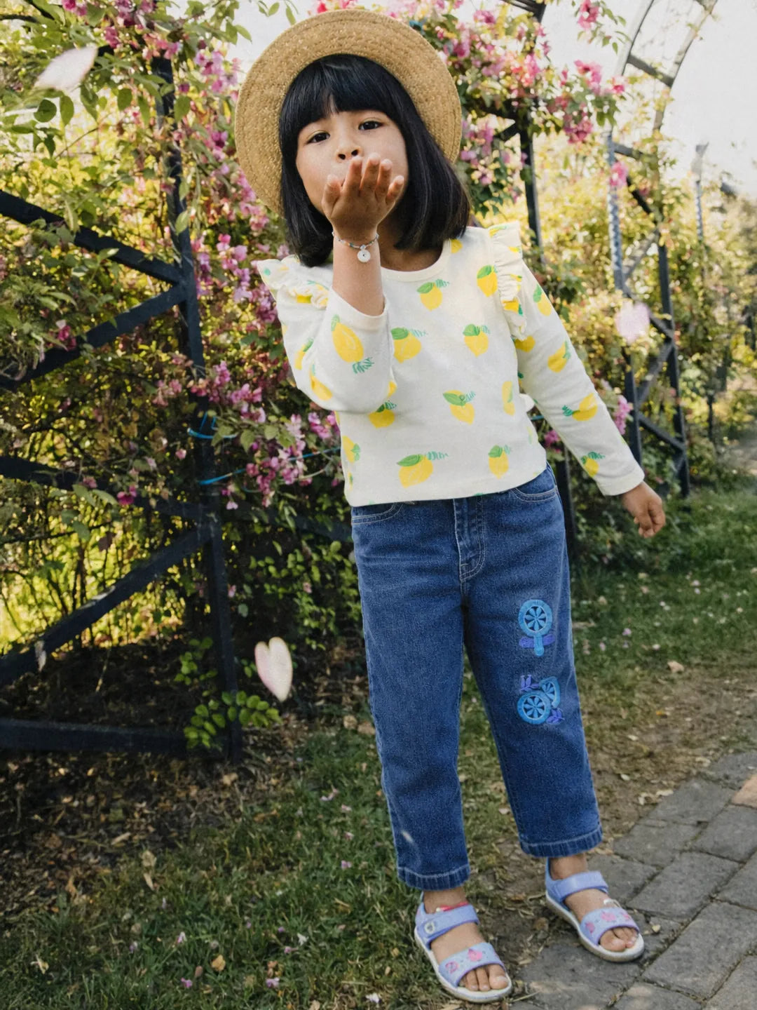 Girls Lemon Print Top & Denim Set
