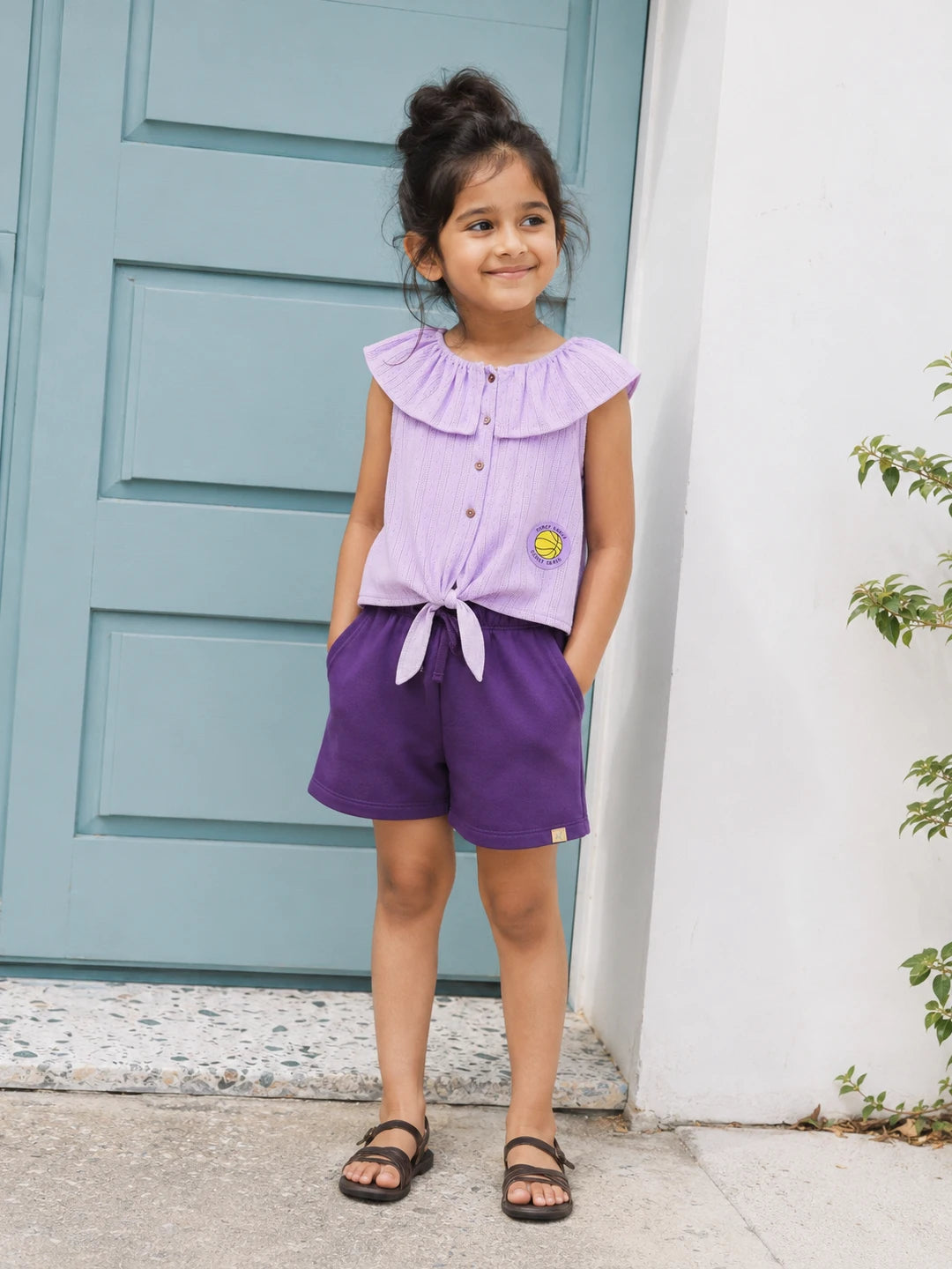 Lavender Frill Tie-Up Top & Purple Shorts Co-ord Set