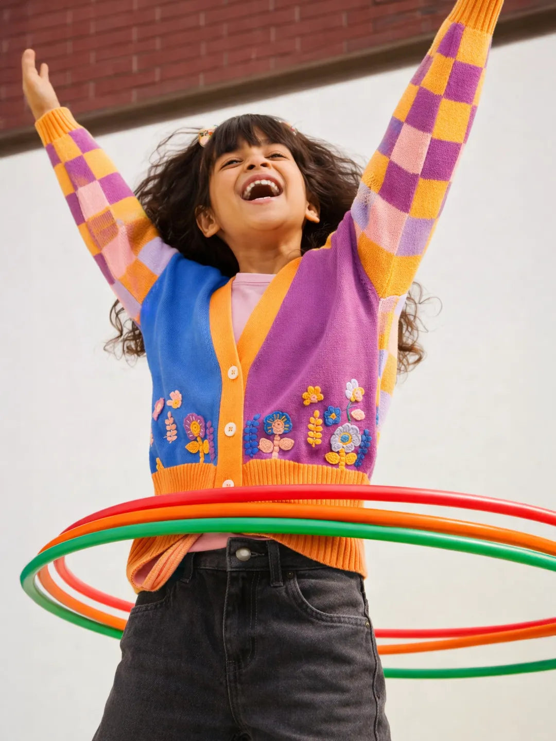 Flower & Checks Printed Cotton Cardigan