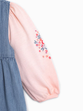 Denim Dress With Floral Sleeves