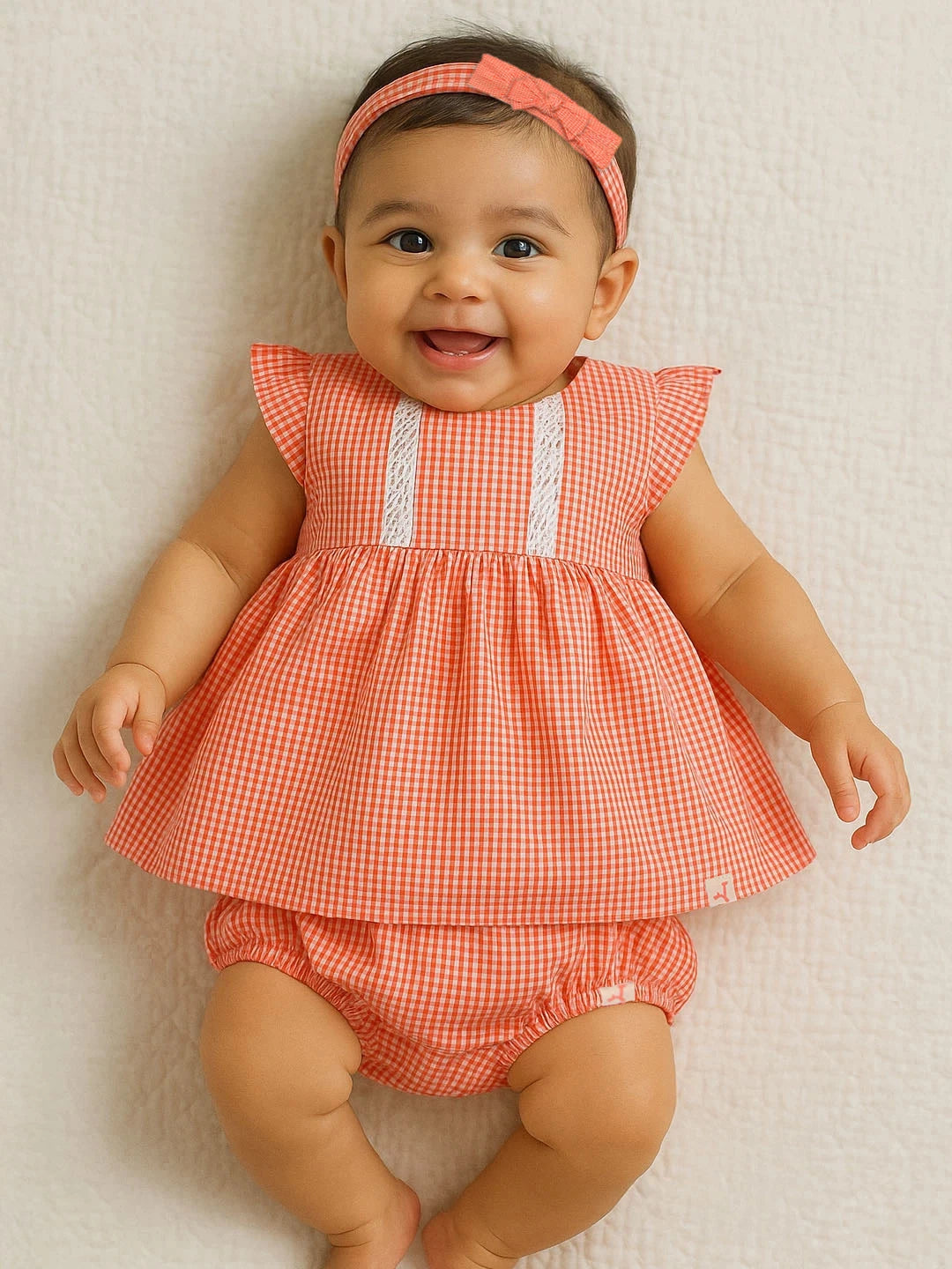 Classic Gingham Cotton A-Line Dress with Bloomers & Headband