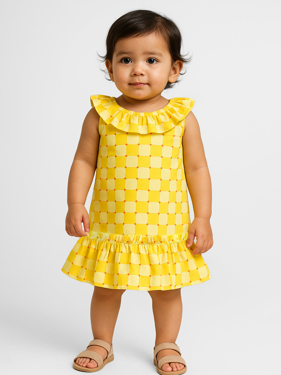 Checked Flounced Cotton Drop-Waist Dress