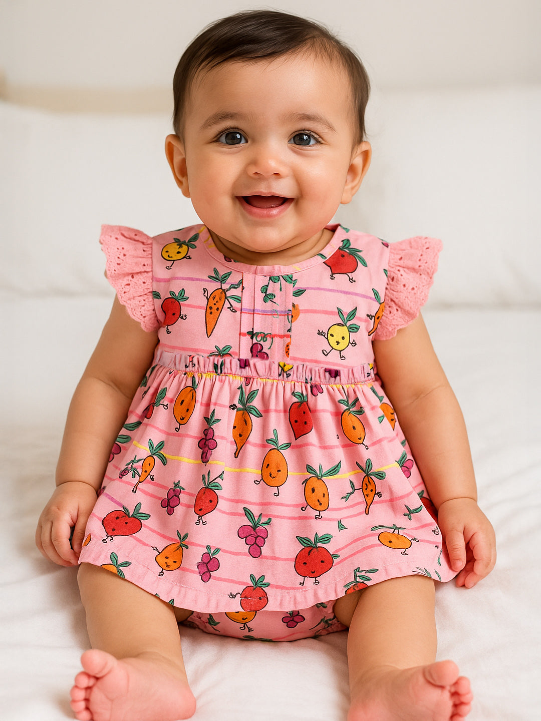 Happy Veggie Gathered Cotton A-Line Dress