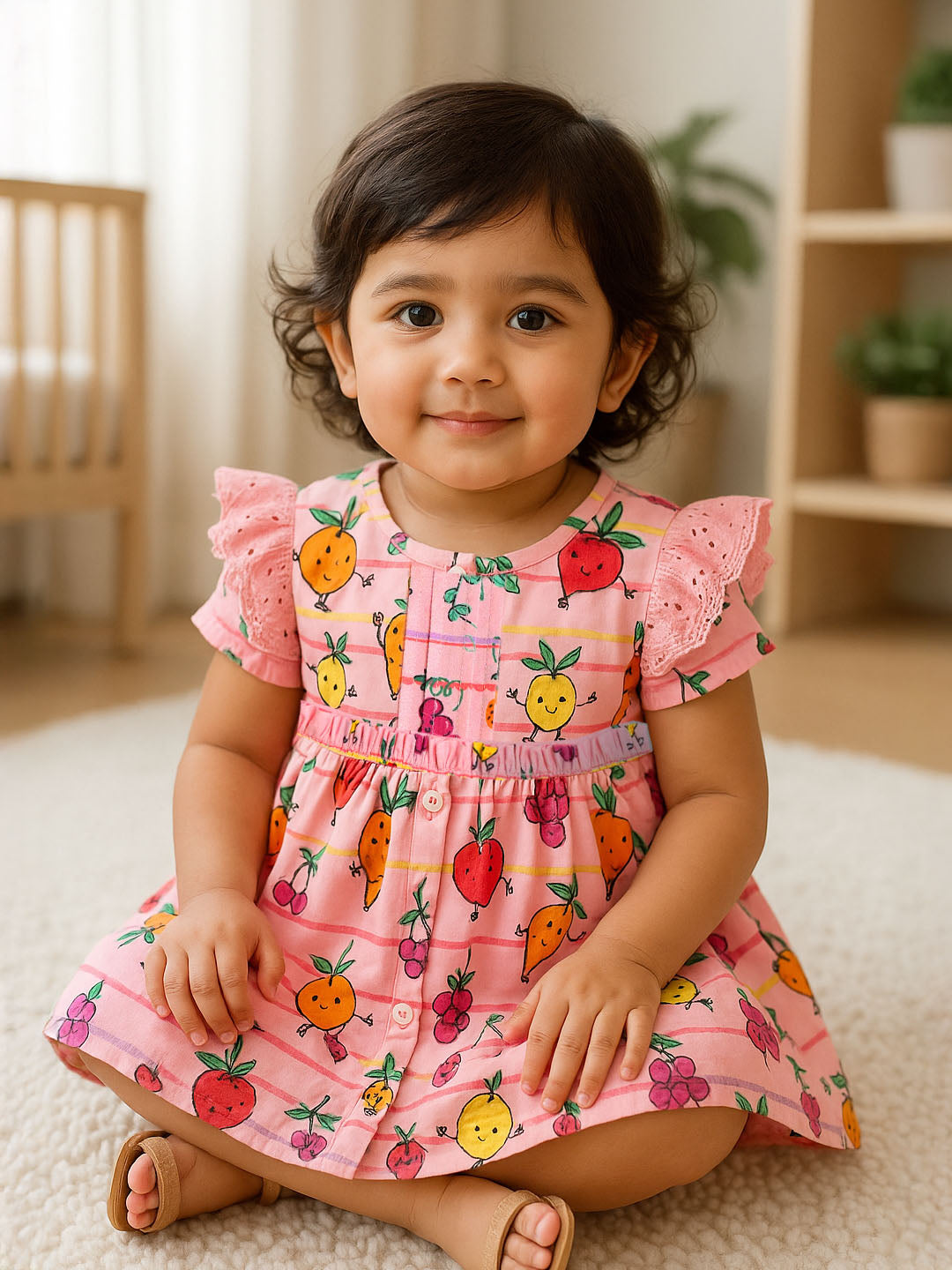 Happy Veggie Gathered Cotton A-Line Dress