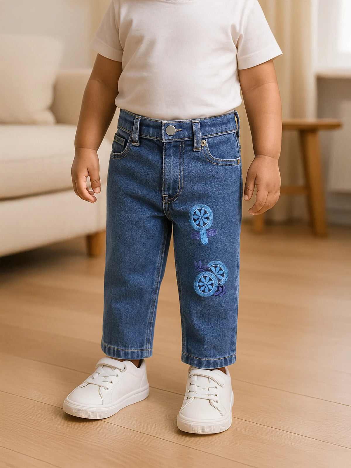 Blue Embroidered Denim Pants
