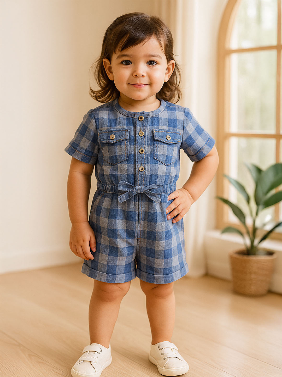 Hop Hop Checked Cotton Denim Romper