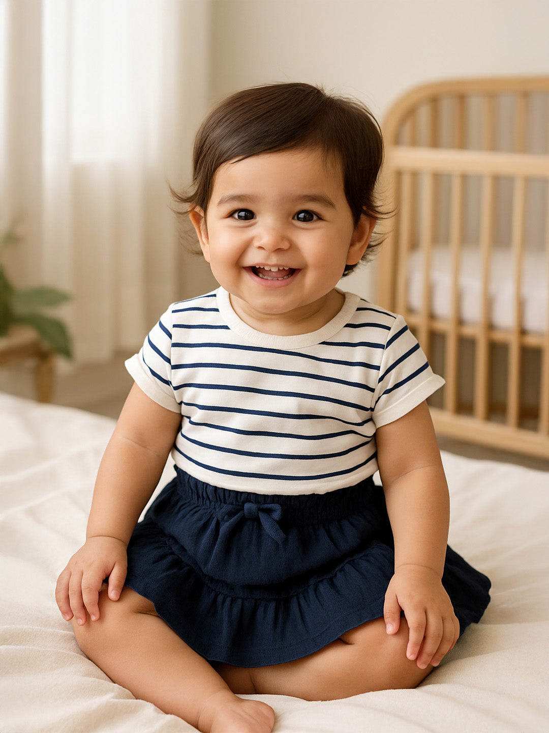 Deep Sea Striped Cotton Top & Tiered Skirt Set