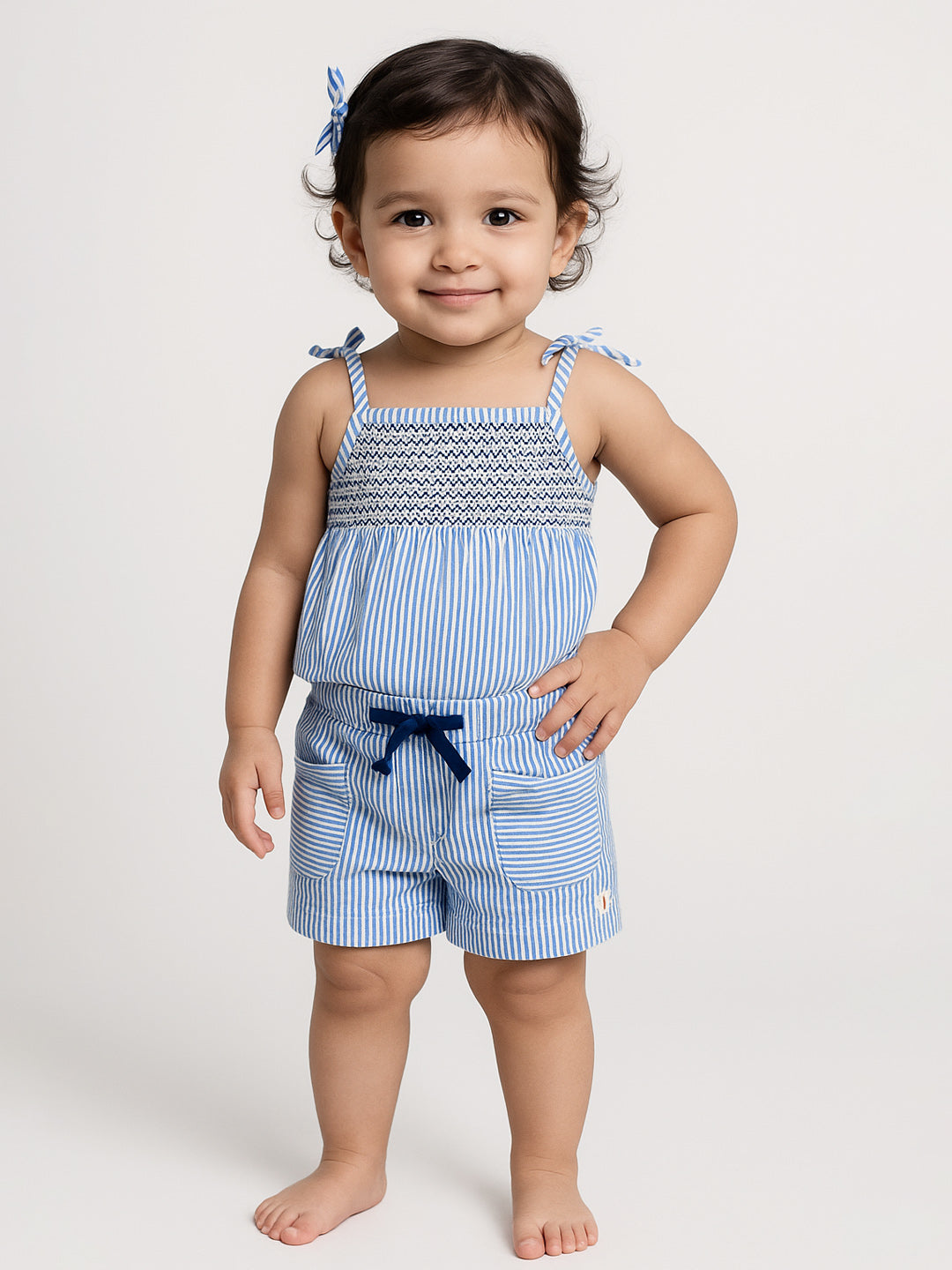 Sky Striped Cotton Smocked Top & Shorts Set