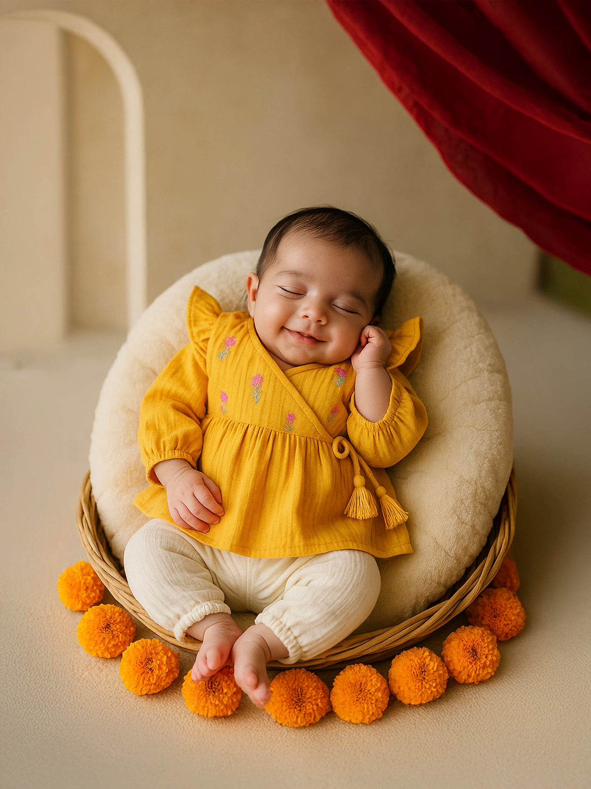 Yellow Embroidered Wrap Top Pant Set