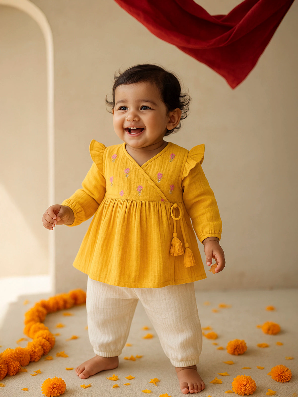 Yellow Embroidered Wrap Top Pant Set