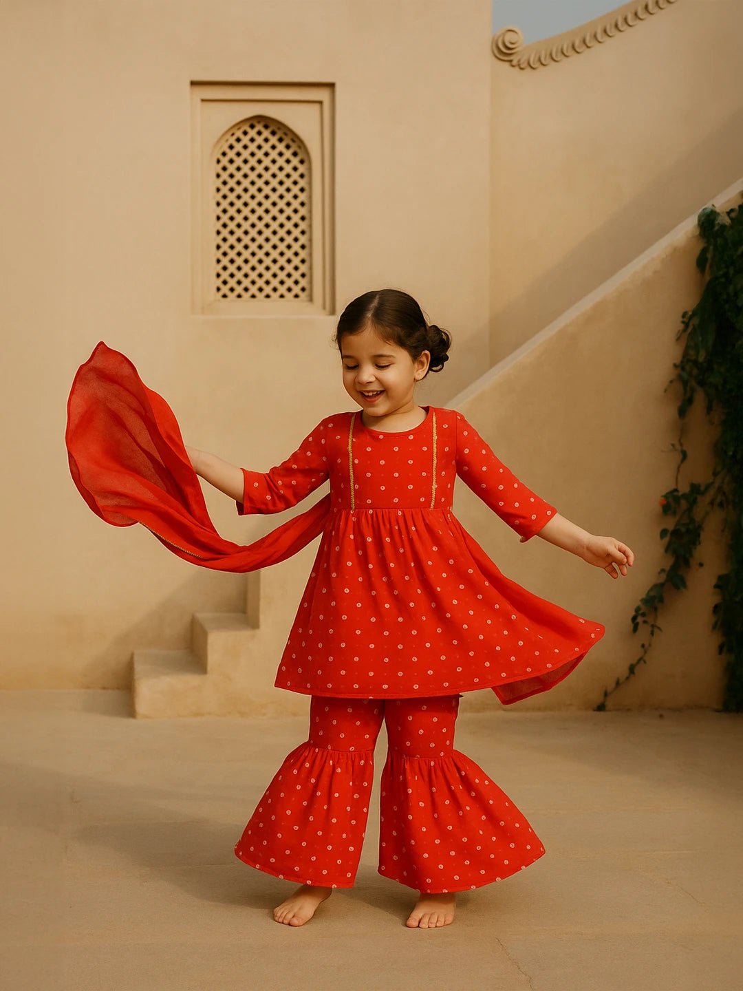 Red Bandhani Print Sharara Set with Dupatta