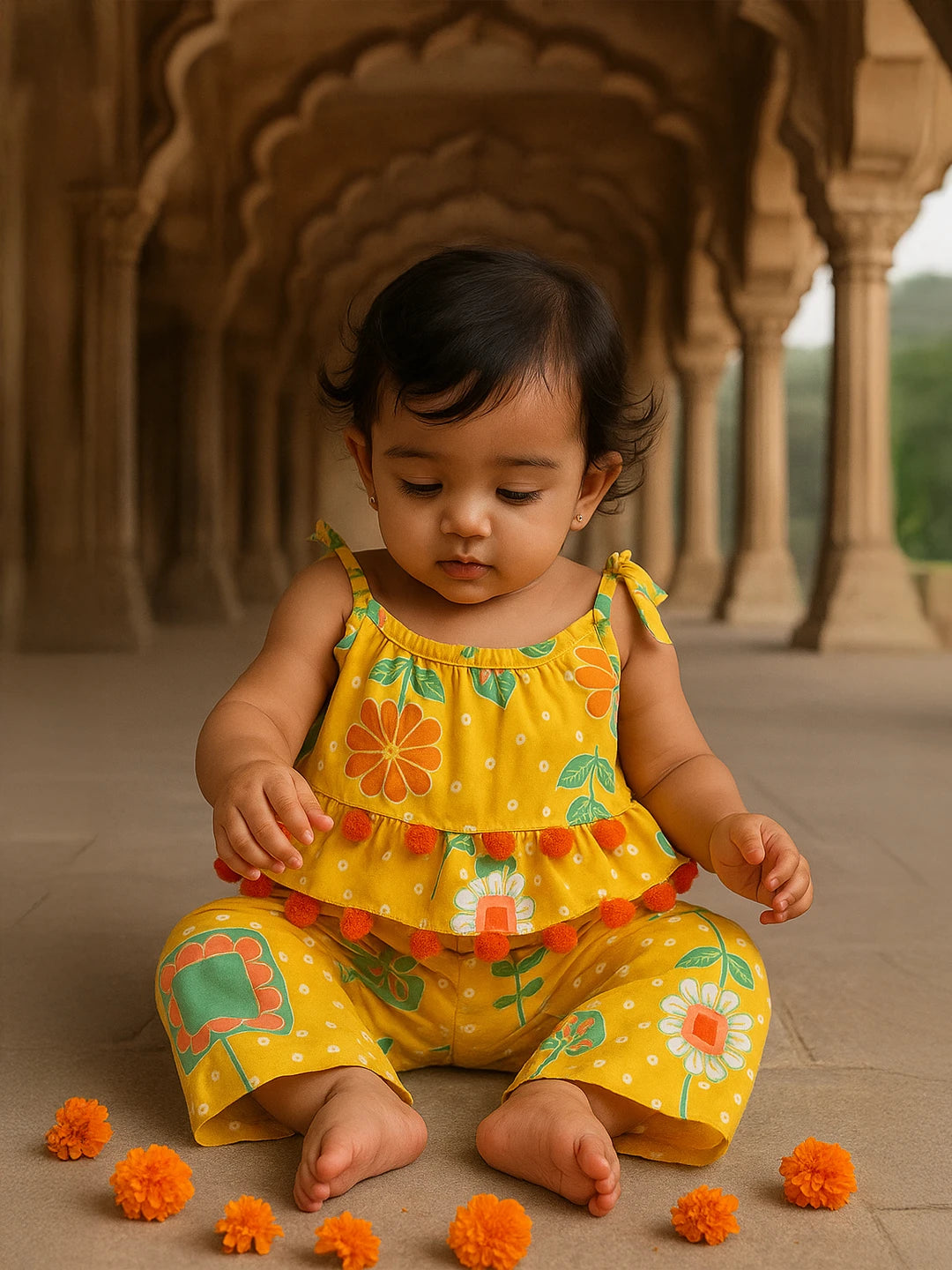 Yellow Bandhani Print Pant Top Set