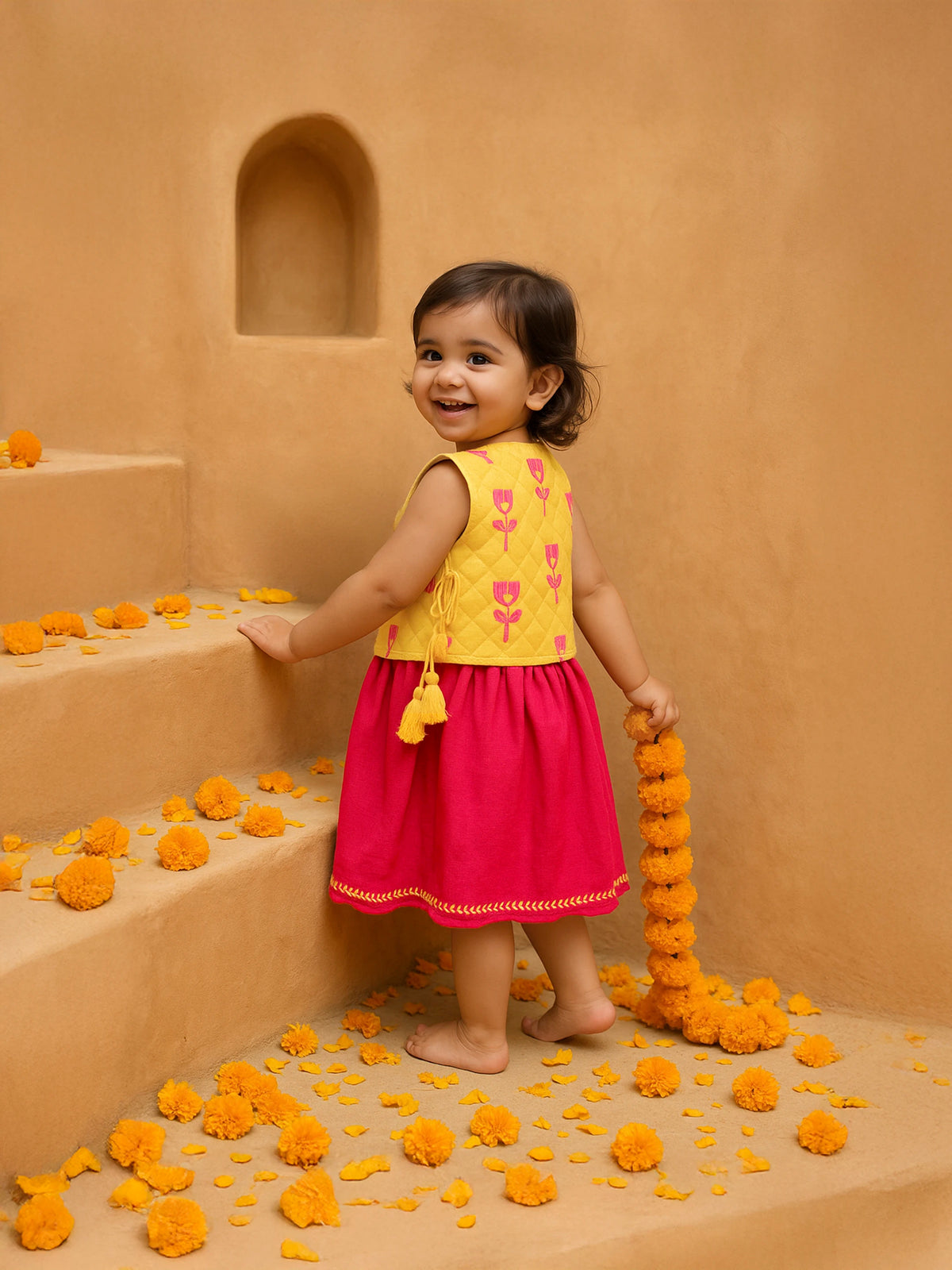 Solid Pink Dress with Quilted Yellow Jacket