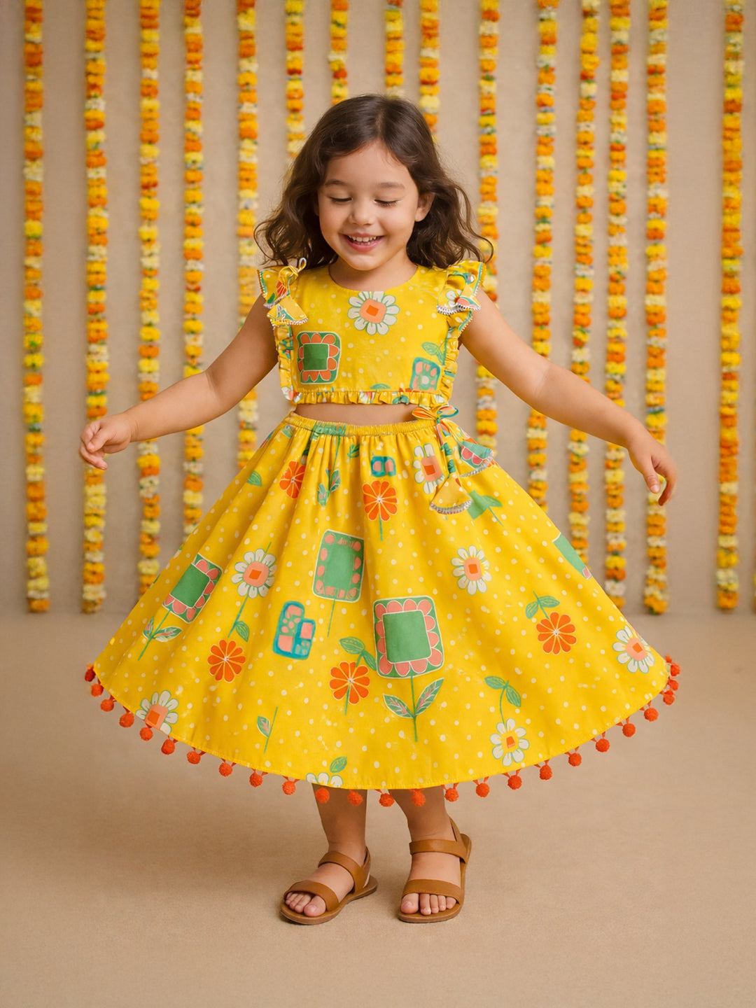Yellow Bandhani Print Skirt Top Set