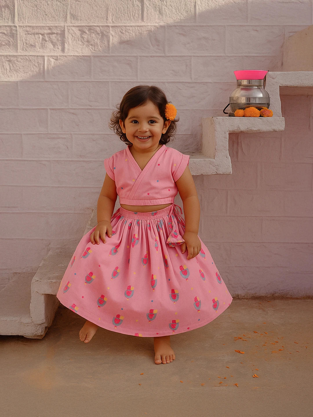 Pink Top and Printed Skirt Set