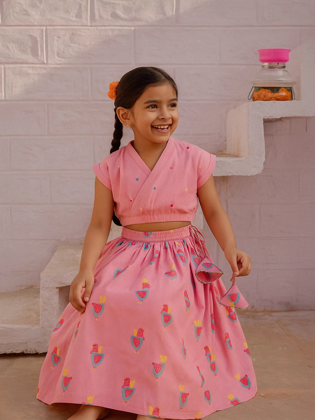 Pink Top and Printed Skirt Set