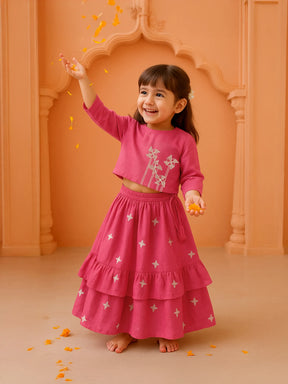 Pink Pinwheel Embroidered Top & Skirt Set
