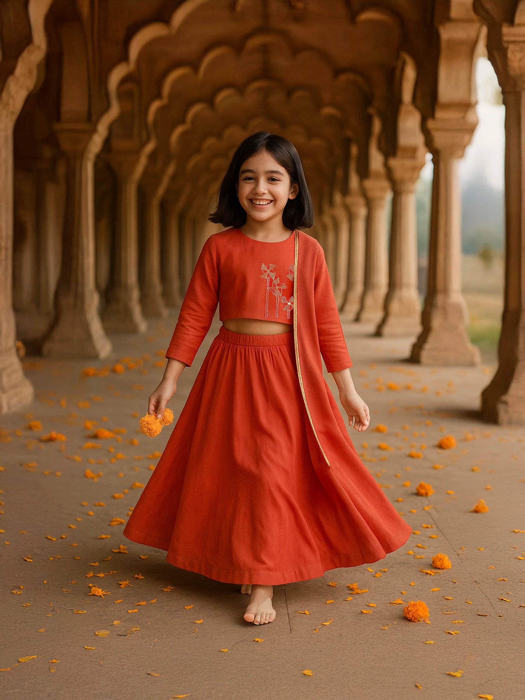 Zari Embroidered Top and Skirt Set with Dupatta