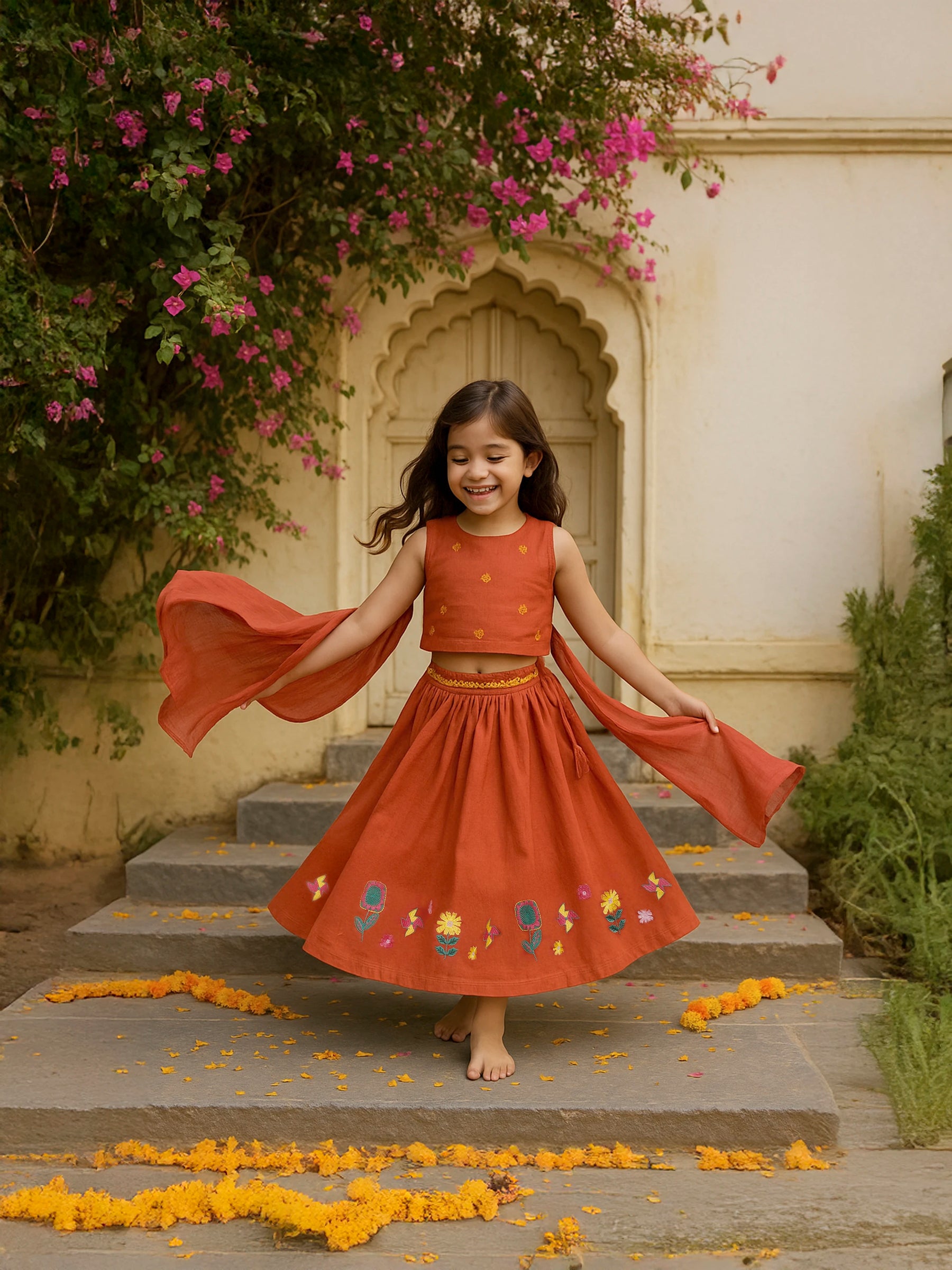 Red Embroidered Skirt Top Dupatta Set