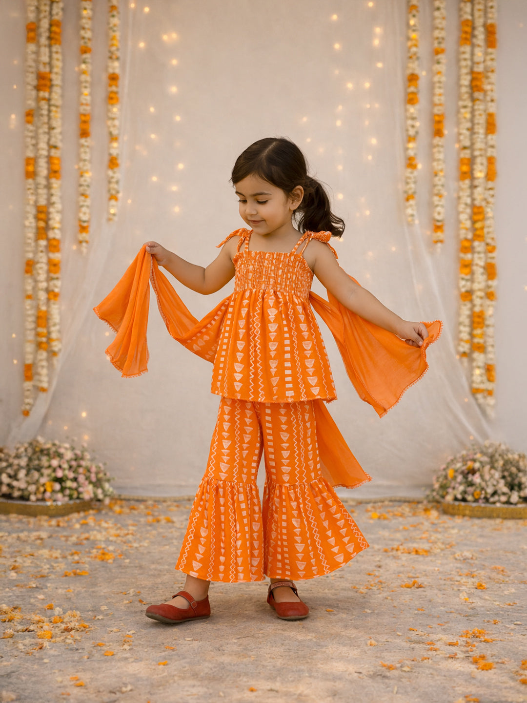 Orange Printed Sharara Set with Dupatta