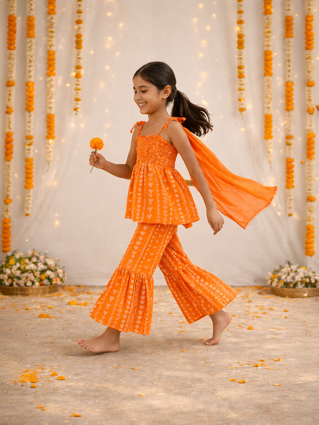Orange Printed Sharara Set with Dupatta