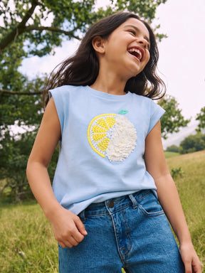 Sky Blue Citrus Applique Sleeveless Top