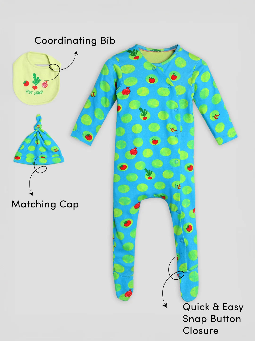 Cotton Sleepsuit with Cap & Bib