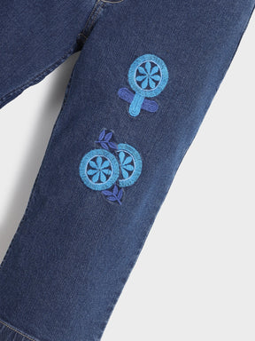 Blue Embroidered Denim Pants