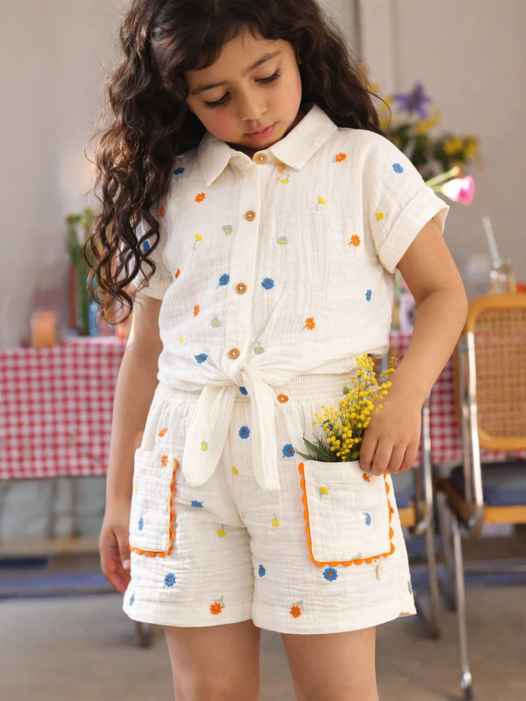 Floral Embroidered Cotton Tie Up Top & Shorts Set