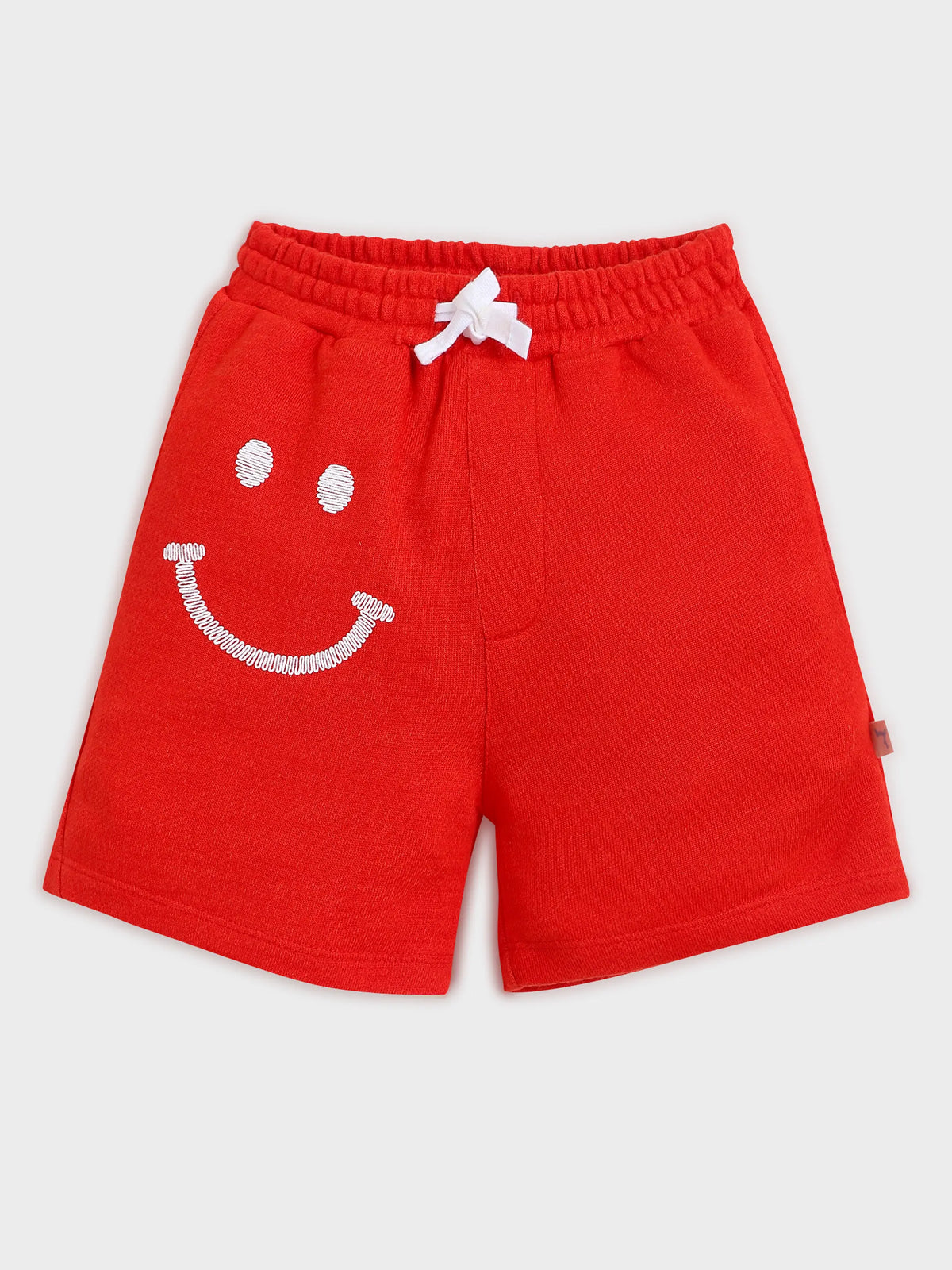 Boys Red Smile Embroidered Knit Shorts