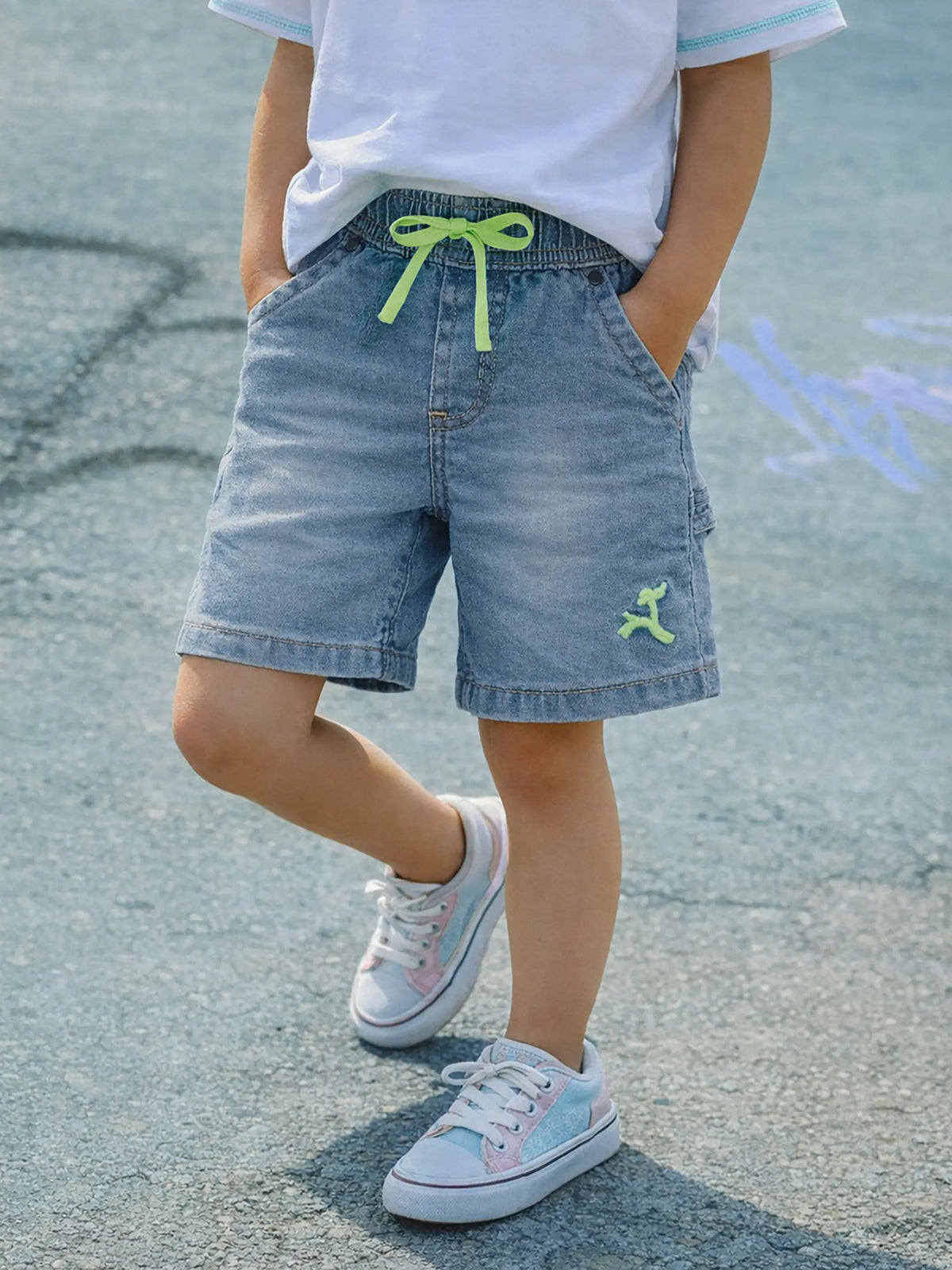 Denim Shorts with Neon Drawstring
