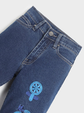 Blue Embroidered Denim Pants