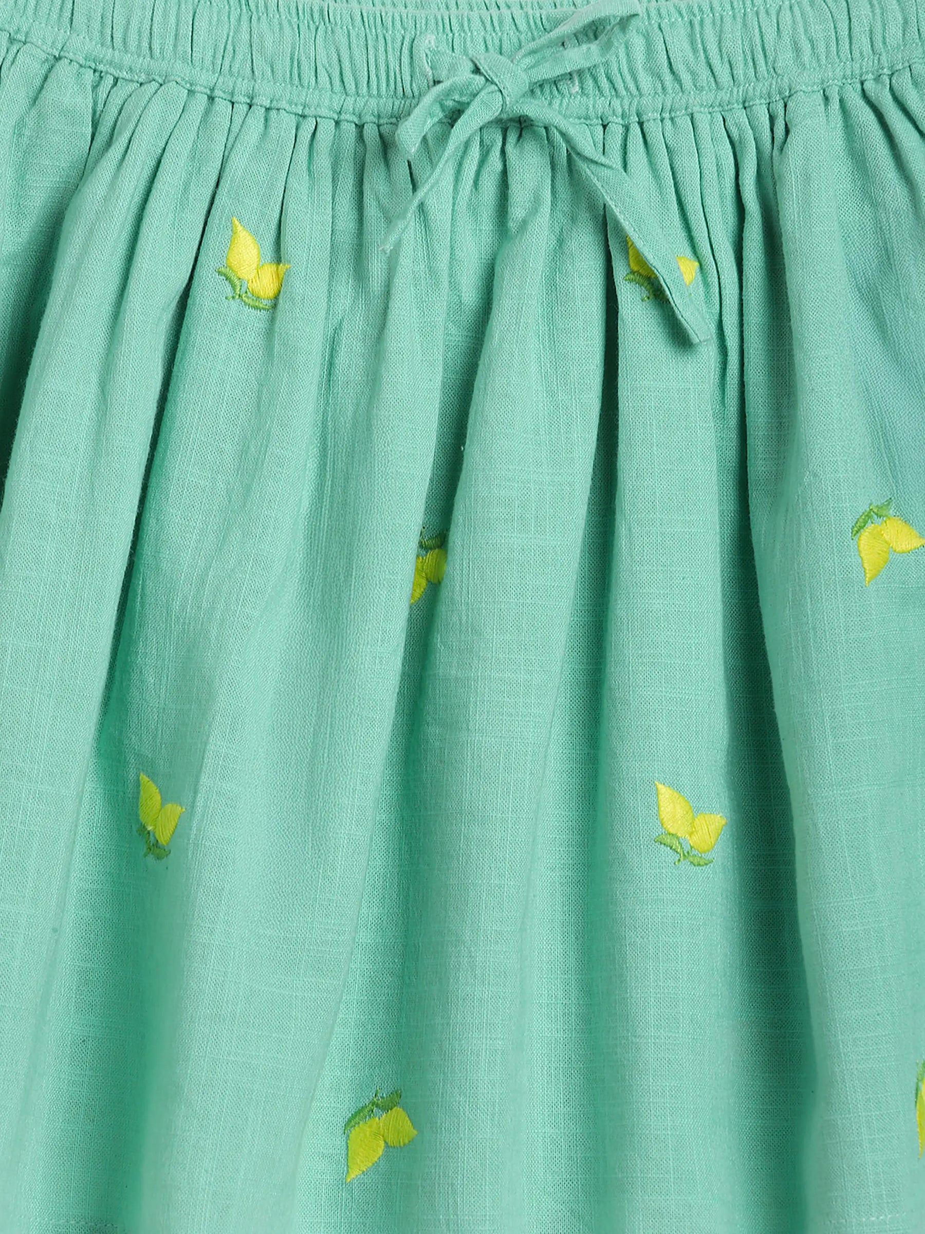 Mint Lemon Print Gathered Skirt for Girls