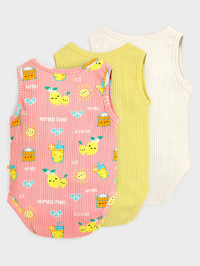 Playful Print & Solid Sleeveless Baby Bodysuit of Pack of 3