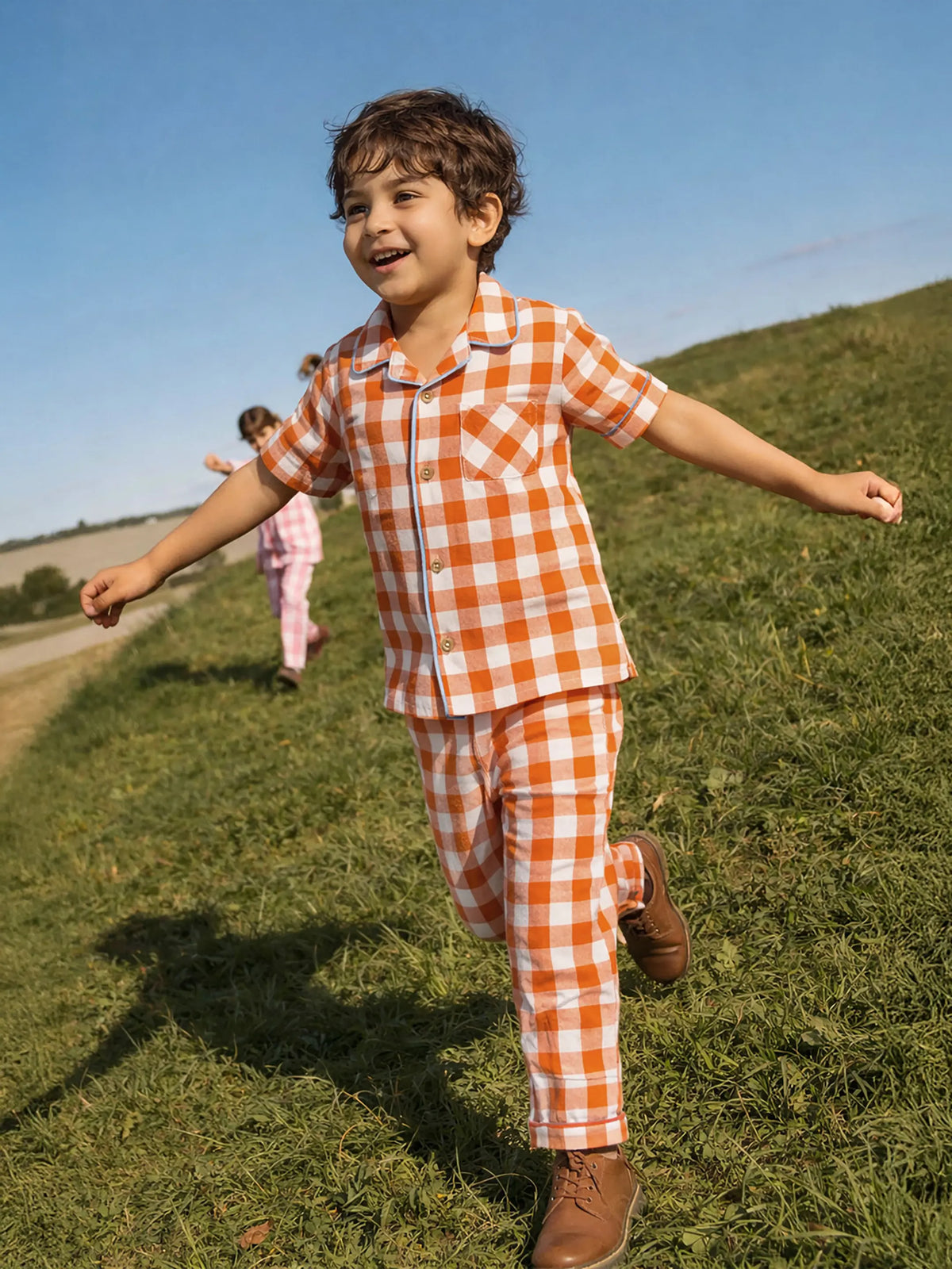 Brown Sugar Gingham Cotton Shirt & Pants Pyjama Set