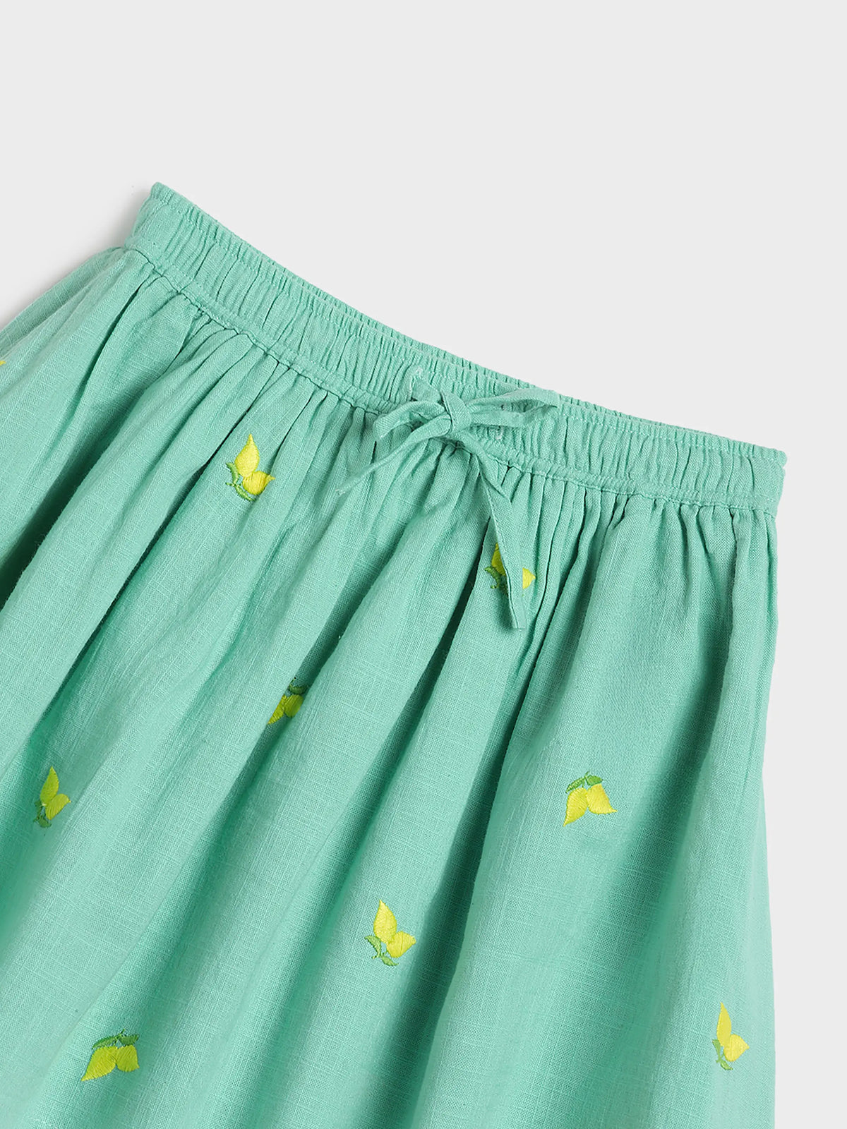 Mint Lemon Print Gathered Skirt for Girls