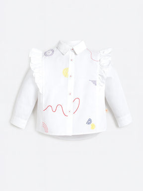 Ruffle Charm White Embroidered Cotton Shirt