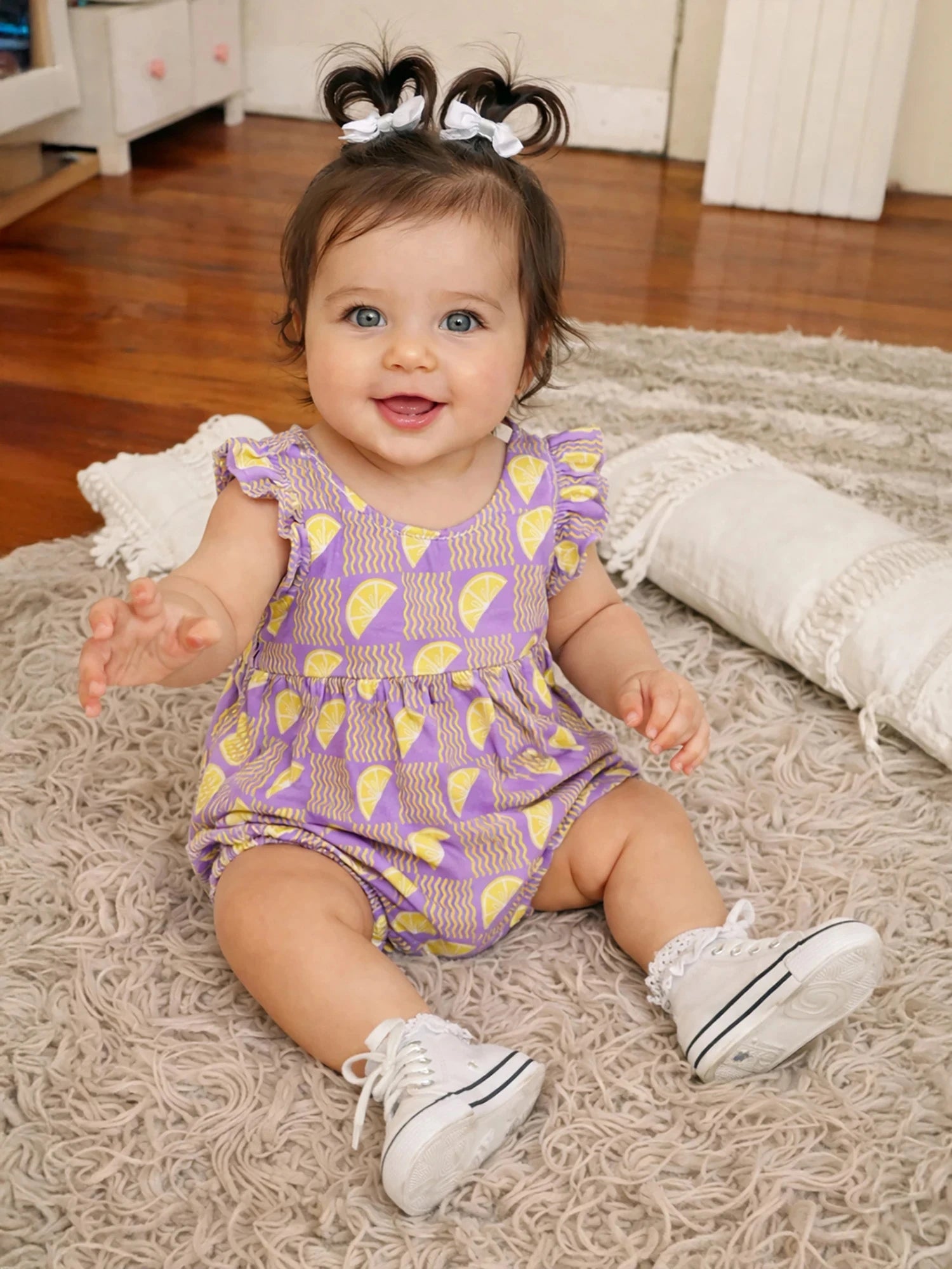 Lavender Lemon Print Ruffle Bodysuit
