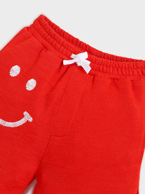 Boys Red Smile Embroidered Knit Shorts