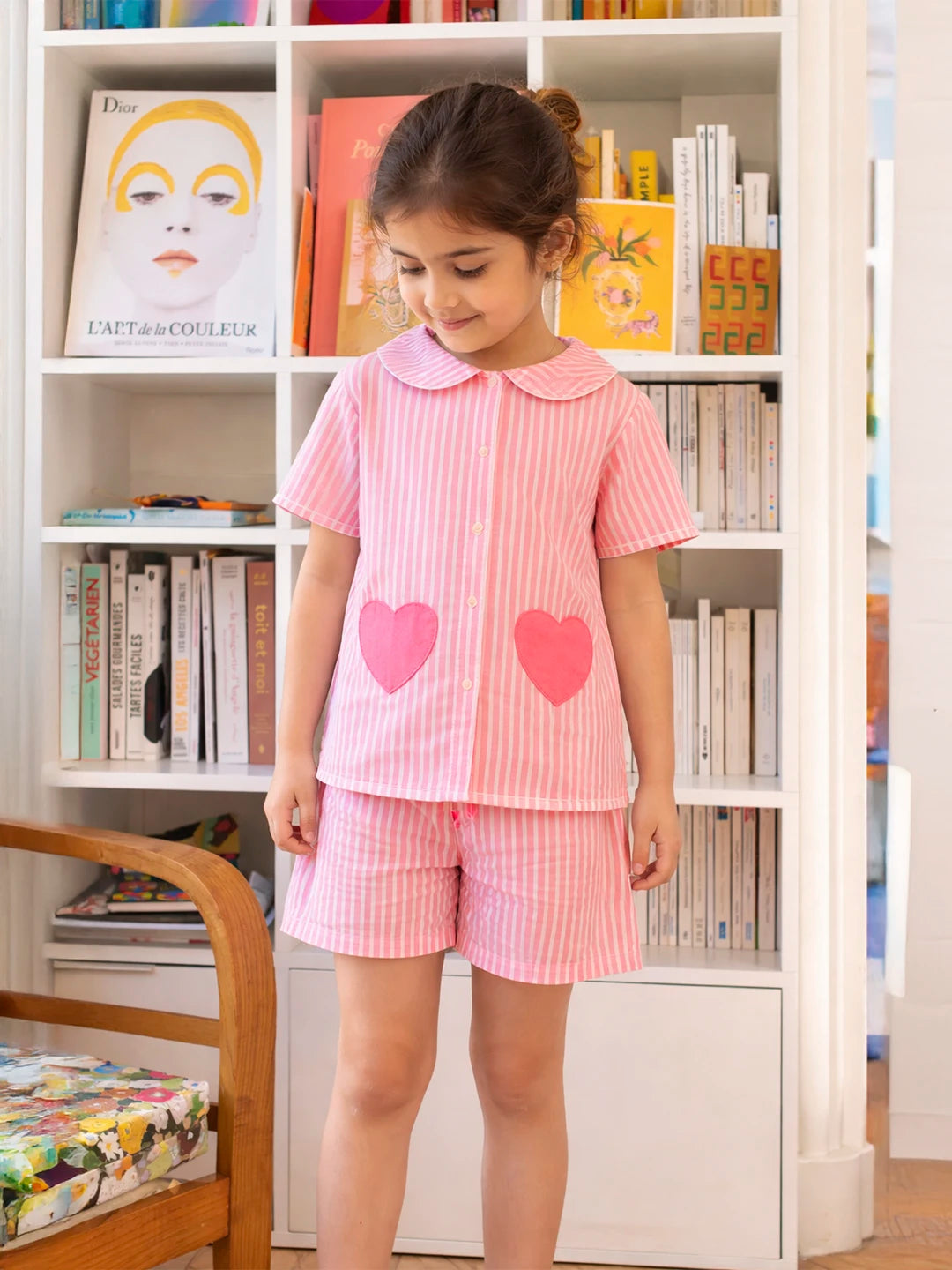 Pink Stripe Heart Print Shirt & Shorts Set